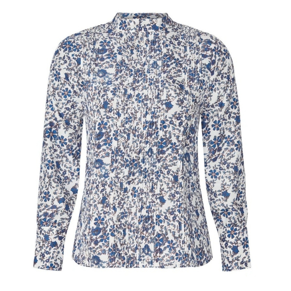 🧵 Apiece Apart Silk Blue Floral Sez Pintuck Blouse, Sz 8